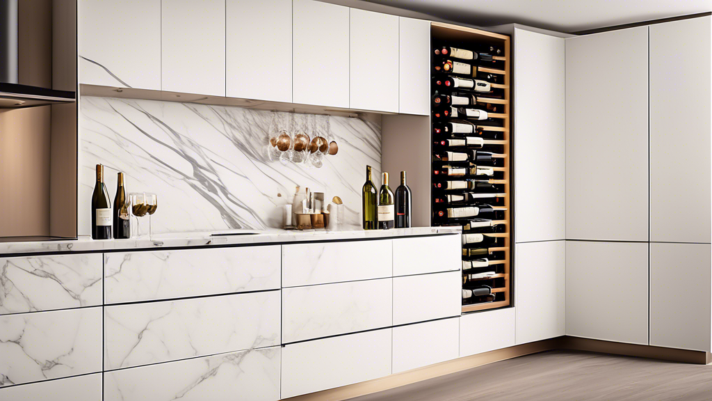 Interior of a modern kitchen with sleek cabinetry and marble countertops. The focal point is a pull-out wine rack with multiple compartments for different bottle sizes. The rack is fully extended, rev