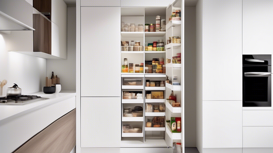 A modern kitchen with a pull-out pantry cabinet that is open to reveal its contents. The cabinet is made of white wood and has a sleek, minimalist design. The shelves inside the cabinet are lined with