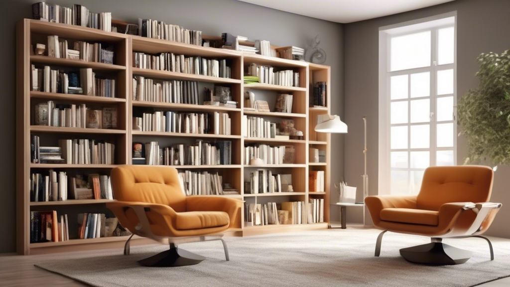 Create an image of a stylish and modern home library with a variety of adjustable bookshelves showcasing different designs and configurations. The shelves should be filled with books of different sizes and colors, giving the impression of a well-orga