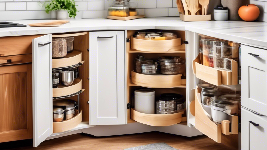 An organized and efficient kitchen corner cabinet with pull-out shelves, lazy susans, and other space-saving features, designed to maximize storage and accessibility