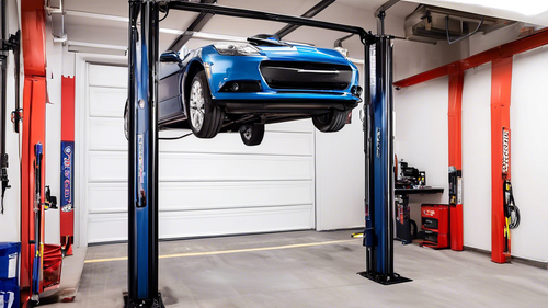 A two-post car lift installed in a narrow 10-foot garage, providing a mechanic with access to the underside of a car for maintenance or repairs. The space is well-lit and organized, with tools and equ