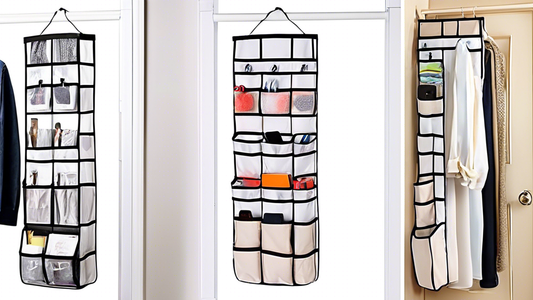 An over-the-door hanging organizer with multiple compartments and pockets, designed to maximize storage space in a compact closet.