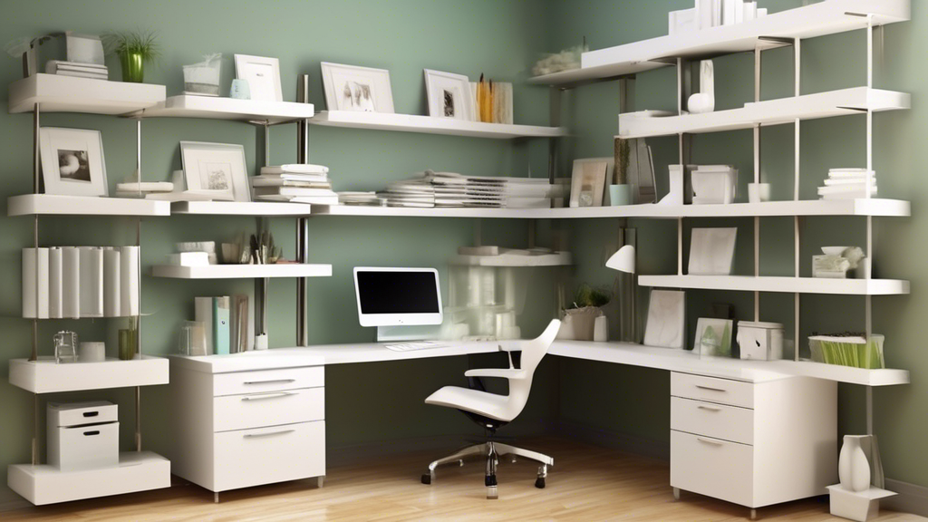 Create an image of a home office with unique and creative adjustable shelving ideas that maximize storage space and functionality. Show shelving units that can be easily customized and reconfigured to suit different needs, such as adjustable shelves,