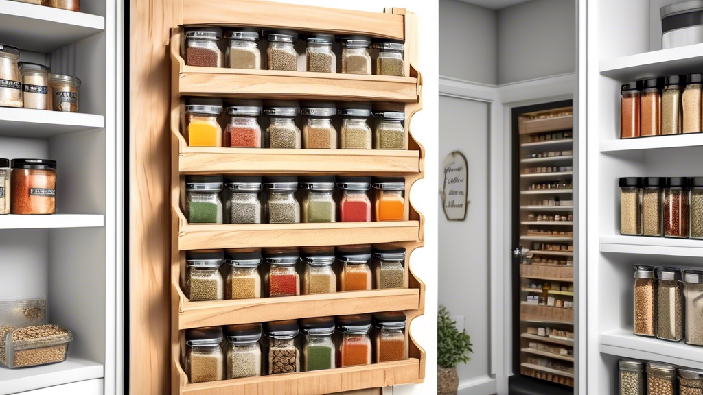 A photorealistic image of an over-the-door spice rack hanging on a pantry door, fully stocked with various spices and herbs. The spices are neatly organized and labeled, and the rack is designed to ma