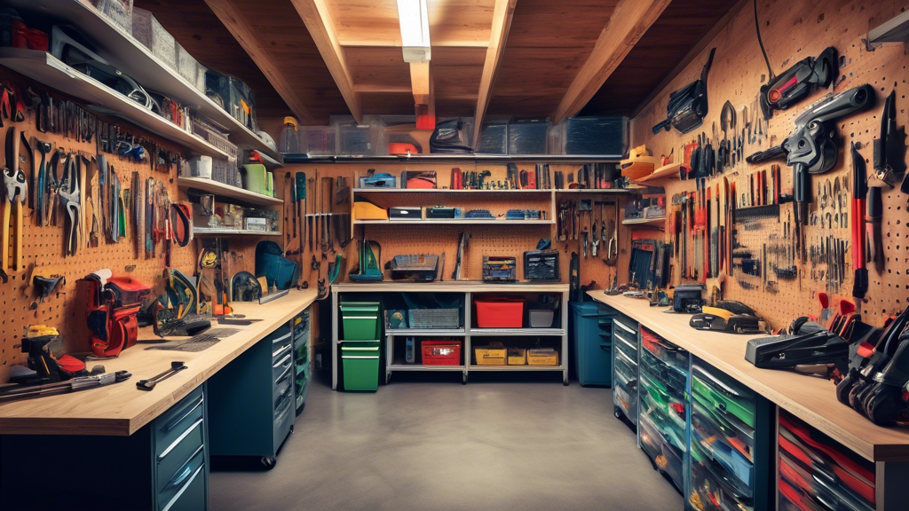 A well-organized garage with a variety of hardware tools arranged in a neat and orderly way on shelves, pegboards, and other storage solutions, maximizing space and accessibility.