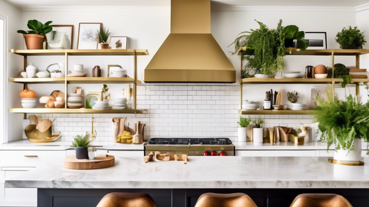 A visually appealing modern kitchen with white shaker cabinets and brass hardware featuring a variety of shelving solutions including floating shelves, open shelving, and a kitchen island with built-i