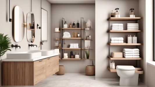 Create an image of a spacious and organized bathroom with adjustable shelves showcasing various bathroom essentials such as towels, toiletries, and decorative items. The shelves should be easily movable and adaptable to accommodate different heights 