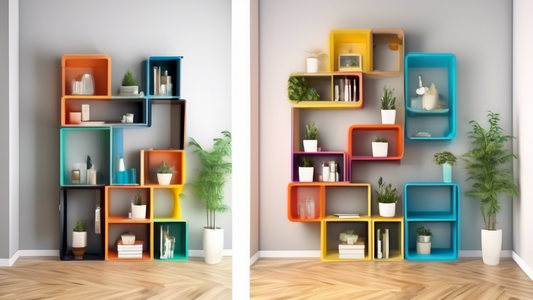 Create an image of a small room with limited space, showcasing five different compact adjustable shelving ideas. Each shelving unit should be unique and optimized for small spaces, demonstrating creative ways to maximize storage and organization in a