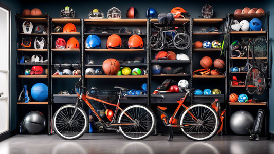 An organized garage interior with adjustable shelves lined with sports gear and equipment, including bicycles, helmets, balls, rackets, and other accessories. The shelves are designed to accommodate d
