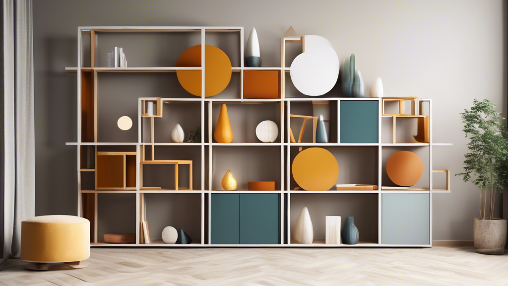 A modular shelving system with geometric shapes in a modern open-plan living room. The shelves should be made of wood and metal, and the colors should be neutral. The shelves should be arranged in a w