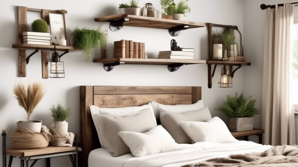 Create an image of a cozy farmhouse bedroom with DIY rustic adjustable shelf designs that showcase a combination of weathered wood, metal brackets, and vintage decor elements. The shelves should be styled with a mix of books, plants, candles, and wov