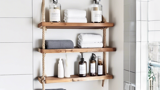 Create an image of a modern and stylish bathroom with various DIY shelving ideas incorporated, such as floating shelves, ladder shelf, and hanging rope shelves. Show how these shelves can be customized and installed in a small bathroom to maximize st