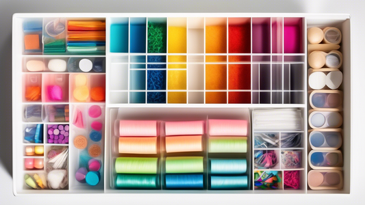 A photo of a drawer filled with neatly organized craft supplies, separated by clear plastic dividers. The drawer is tidy and visually appealing, with the dividers creating distinct compartments for di