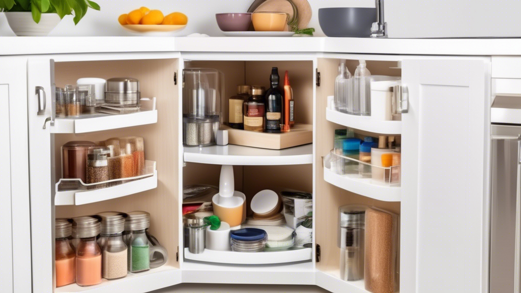 An organized corner cabinet with pull-out shelves, lazy susans, and clever storage solutions, showcasing the maximized space and accessibility, illustrating the concept of Unlocking the Potential: Max