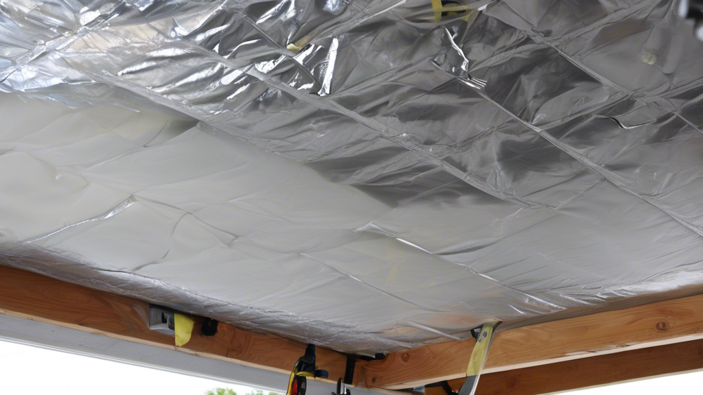 A close-up photograph of a vapor barrier being installed on a garage ceiling. The vapor barrier is made of a reflective material, and it is being secured to the ceiling joists with staples. The photog