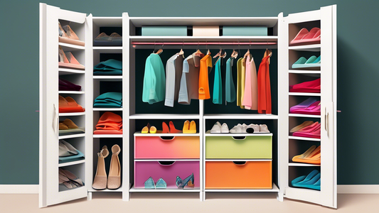 Create an image of a modern, customizable closet shelving system with various compartments, drawers, and hanging rods. Show different options for organizing shoes, folded clothes, and accessories. Include a color scheme that complements the article's