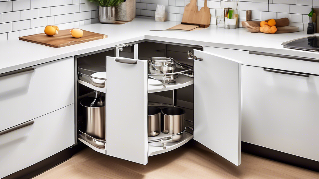 An organized and spacious kitchen corner cabinet with pull-out shelves, lazy Susans, and a variety of storage solutions to maximize space utilization. The cabinet is in a modern kitchen with white cab