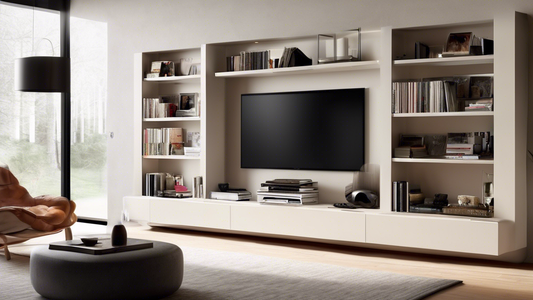 **DALL-E Prompt:**

Create a living room scene featuring a sleek and modern entertainment center with pull-out media storage. The storage units should be hidden behind sliding doors or panels when not