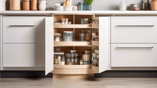 A spacious corner cabinet with slide-out shelves and drawers, featuring various storage containers and organizers to maximize storage capacity and accessibility. The shelves should be adjustable to ac