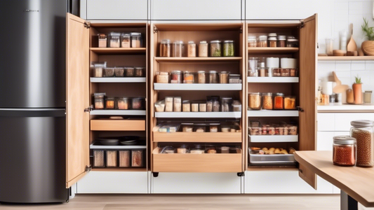An organized and modern kitchen pantry with pull-out shelves that smoothly extend outwards, revealing a vast array of food items, cooking essentials, and kitchenware