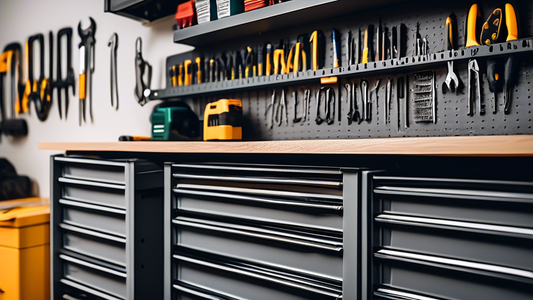 A close-up photo of an organized garage with pull-out drawers for tool storage. The drawers are neatly labeled and contain various tools, such as wrenches, screwdrivers, and pliers. The garage is well