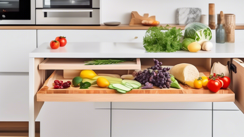 Show me an image of a kitchen with a pull-out cutting board that is built into the cabinetry and provides additional storage space.