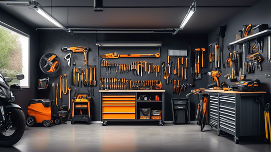 Interior of an immaculate garage with a stylish pull-out tool storage unit that holds and organizes various tools, providing easy access and maximizing space