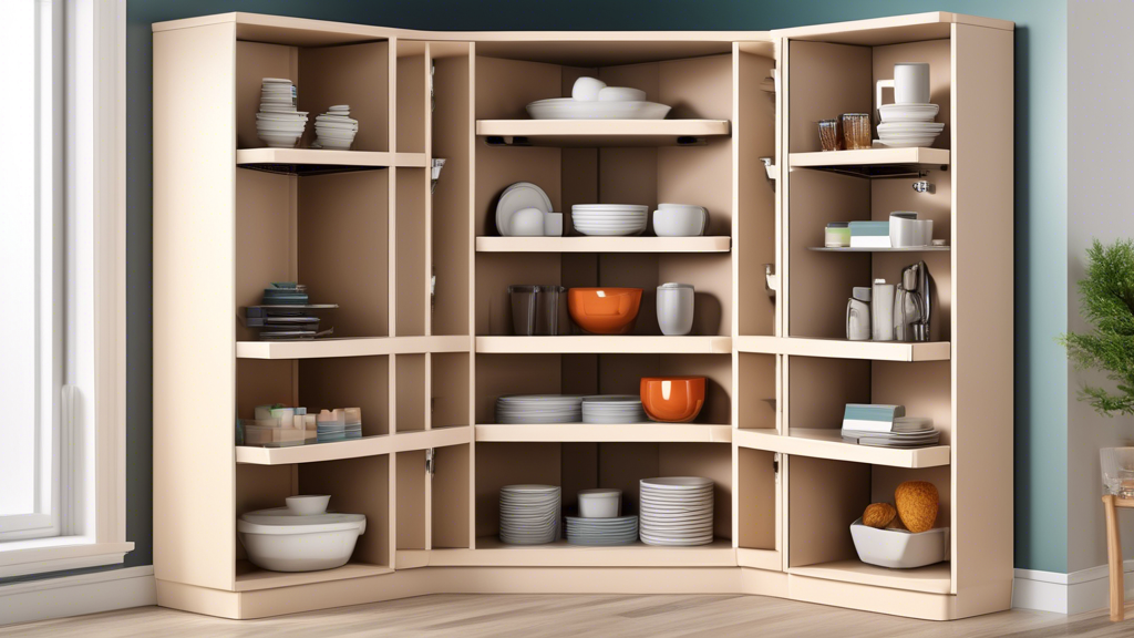 Photorealistic render of an optimized corner cabinet with adjustable shelving systems, showcasing maximized storage space, easy accessibility, and a variety of shelf configurations to accommodate diff