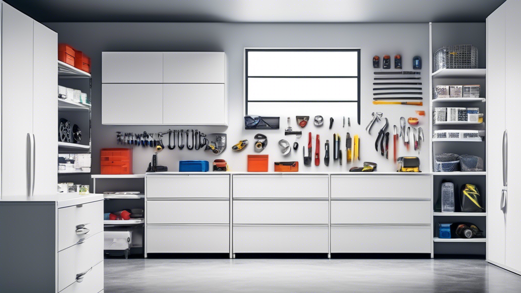 Interior of a garage with sleek white cabinets and drawers concealing storage items, leaving the space looking organized and spacious.