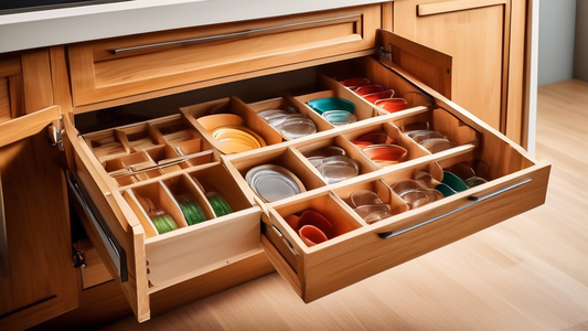 Interior of a wooden kitchen cabinet with pull-out lid organizers, showcasing efficient storage and space optimization
