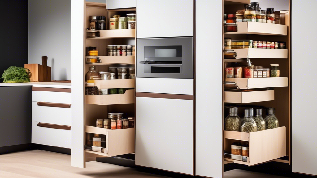 An innovative kitchen design featuring space-saving pull-out systems. The pull-outs include narrow slide-out shelves for spices, a vertical pull-out pantry for dry goods, and a pull-out trash can for 