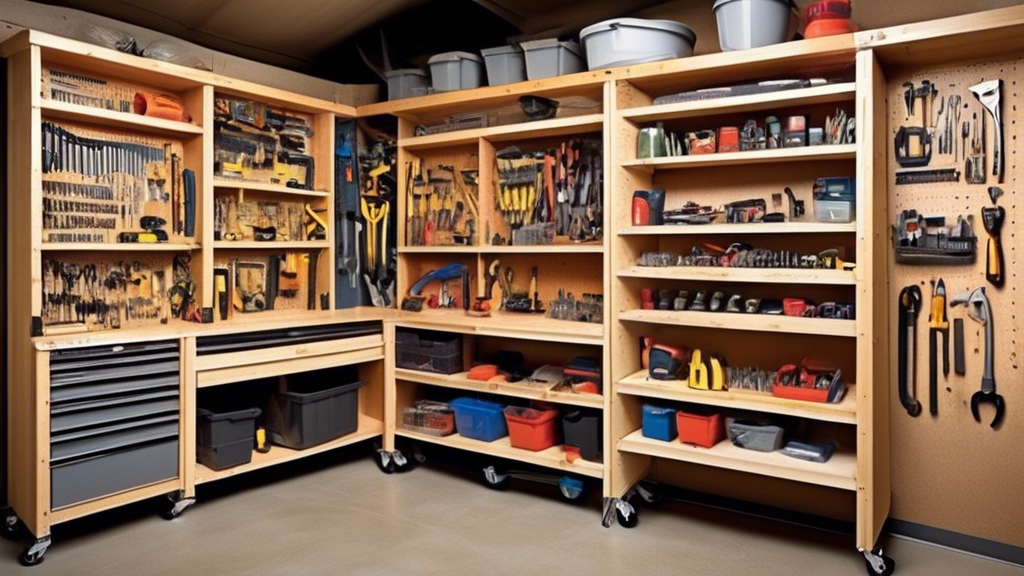 Create an image of a versatile garage shelving system that efficiently organizes an array of tools and equipment. Show the shelves stacked with various tools such as wrenches, drills, hammers, and neatly organized boxes of screws and nails. Include c