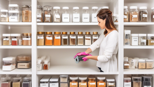 A woman wearing white gloves organizing a cluttered corner cabinet, with shelves and drawers labeled for different categories of items, such as spices, cleaning supplies, and kitchen tools. Shelves ar