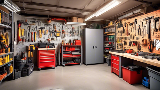 A spacious garage with all its tools and equipment neatly organized and arranged on shelves, pegboards, and toolboxes, with ample lighting and a clean epoxy floor.