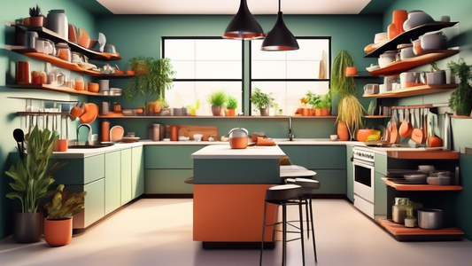 Create an image of a modern kitchen with sleek adjustable shelving options showcasing various kitchen items such as pots, pans, cookbooks, and plants. The shelving should be stylishly designed to complement the overall aesthetic of the kitchen, with 
