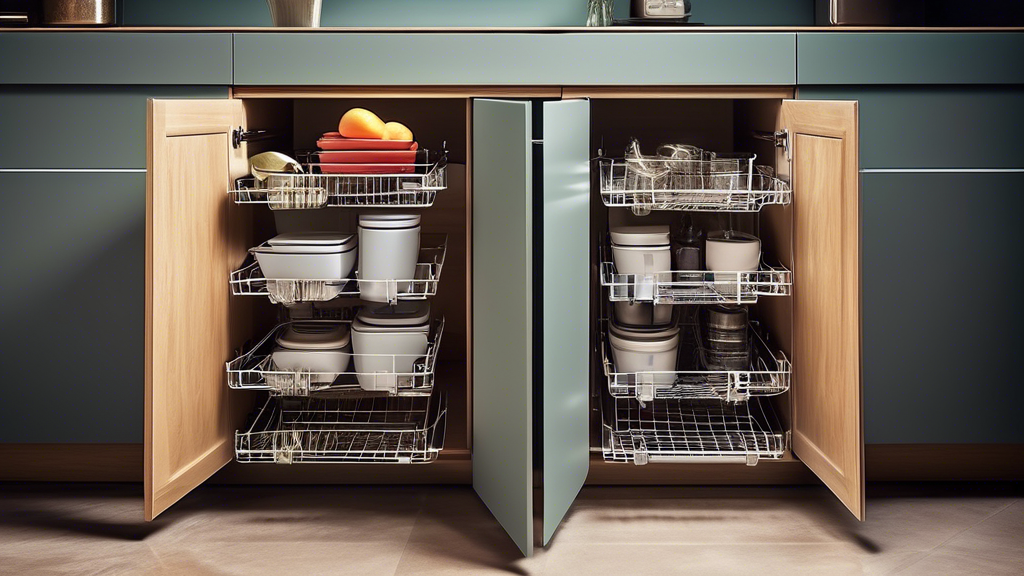 An image of a modern kitchen with pull-out wire baskets installed in the cabinets. The baskets are fully extended, revealing their contents. The kitchen is organized and clutter-free.