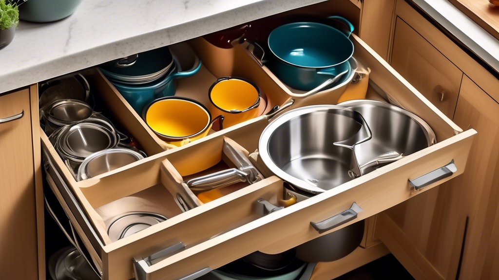 An organized kitchen cabinet with a corner pull-out drawer and shelves, filled with pots, pans, and other cookware, showcasing the efficient use of space in a kitchen design.