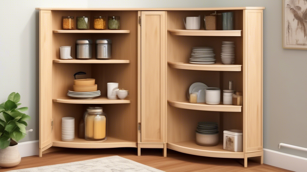 Create a photorealistic image of a well-organized corner cabinet with stackable shelves. Ensure the shelves are sturdy, adjustable, and can accommodate various kitchen items. Depict the inside of the 