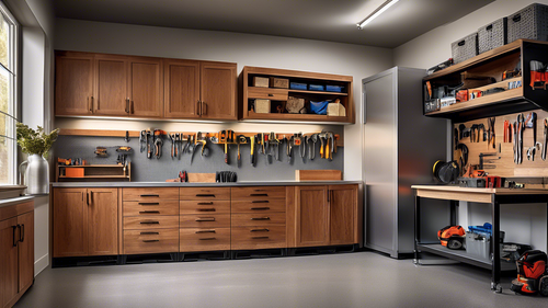 A spacious garage with warm natural light pouring in through windows, showcasing custom-crafted wood cabinets lining the walls. The cabinets are a rich oak color, accented with sleek metal pulls. The