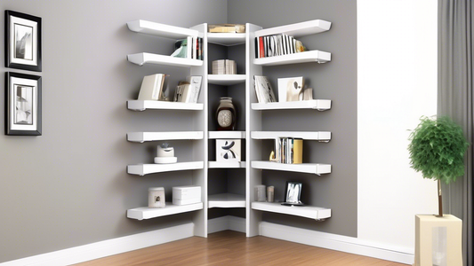 An image of a creative and ergonomic adjustable corner shelving unit that efficiently maximizes space in a small room. The shelving should be customizable and adaptable to fit different dimensions and angles of a corner. It should showcase clever des