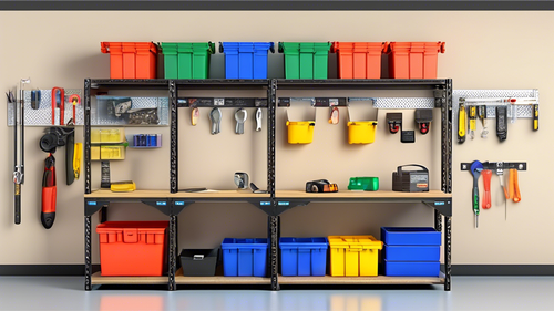 A well-organized garage storage rack system with safety features such as:

* Secured to the wall or ceiling
* Heavy-duty materials
* Stable base
* Proper spacing between shelves
* Items stored within 