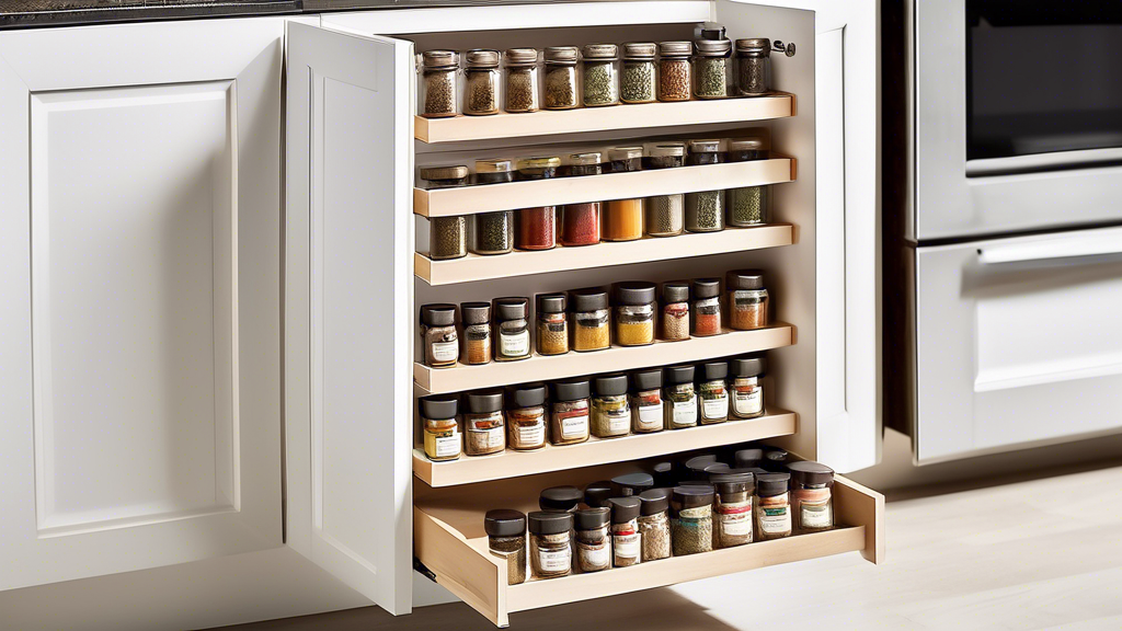 An organized kitchen with a pull-out spice rack installed in a cabinet, showcasing the efficient storage of various spices within reach and without cluttering the countertop.