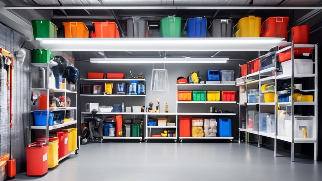 A spacious garage with neatly organized hanging storage containers on the ceiling, maximizing vertical space for clutter-free storage