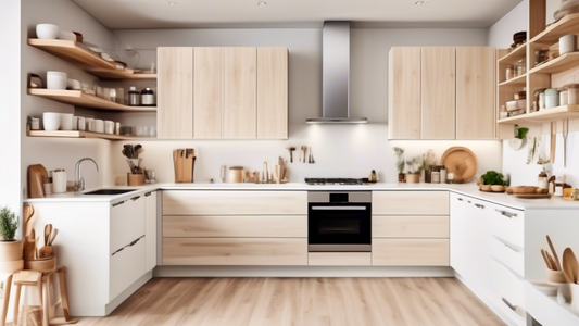 An organized and visually appealing image of a modern kitchen with white over-the-door cabinets that complement the white walls and light wood flooring. The cabinets have sleek handles and a clean des