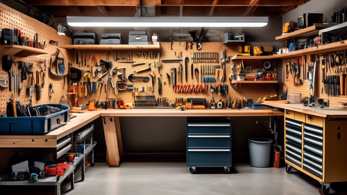 A well-organized workbench in a spacious garage, with all tools and materials neatly arranged in drawers and shelves. The workbench has a pegboard backsplash with various tools hanging from it. The ov