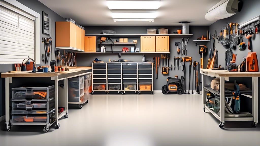 A well-organized garage with shelves, drawers, and hooks, maximizing storage space for tools, equipment, and other items. The walls are painted a light color to reflect light and make the space feel l