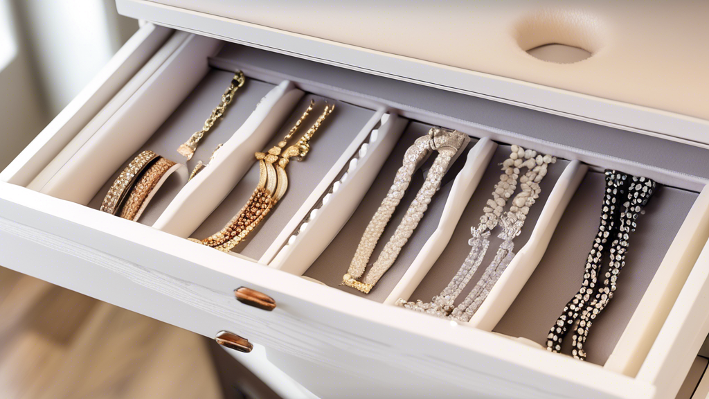 An organizer for storing and displaying jewelry. Drawer slides out to reveal 3 levels of customizable storage space for different types of jewelry such as rings, earrings, and necklaces. The top level