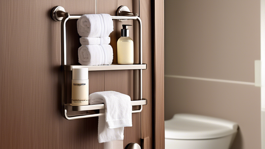 An over-the-door towel rack with shelf for bathroom essentials, hanging on a brown wood door. The rack has two bars for hanging towels and a shelf for holding toiletries. The shelf is filled with sham