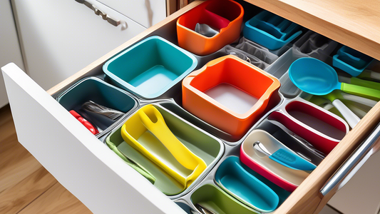 An array of deep, expandable drawer organizers in a kitchen drawer, showcasing their space-saving capabilities and the ability to customize storage for kitchen utensils, cookware, and other items.