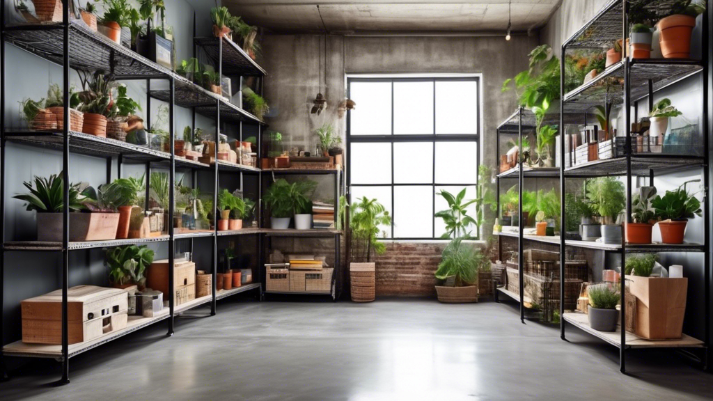 An industrial-style room with adjustable wire shelving lining the walls. The shelves are filled with a variety of items, including books, plants, and storage baskets. The room has a concrete floor and